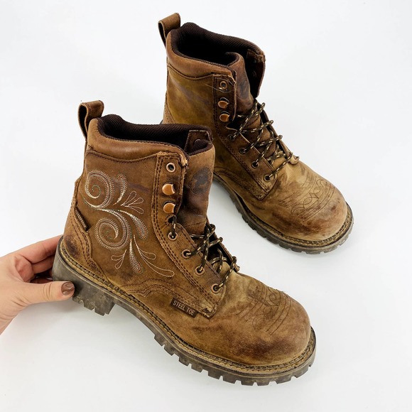 Justin Boots Shoes - Justin Boots 9B Brown high top lace up floral design steel toe work boots